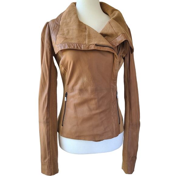 Bod & Christensen NEW Rebecca Leather Moto Jacket Tan Drape Collar Size XS NWT - Picture 1 of 16